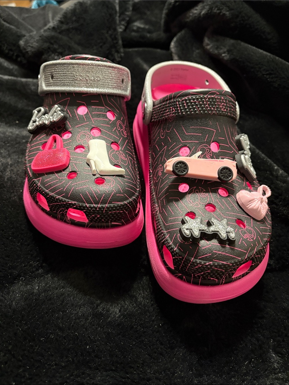 CROCS Black & Hot Pink Kids' Charm Wedge Clogs